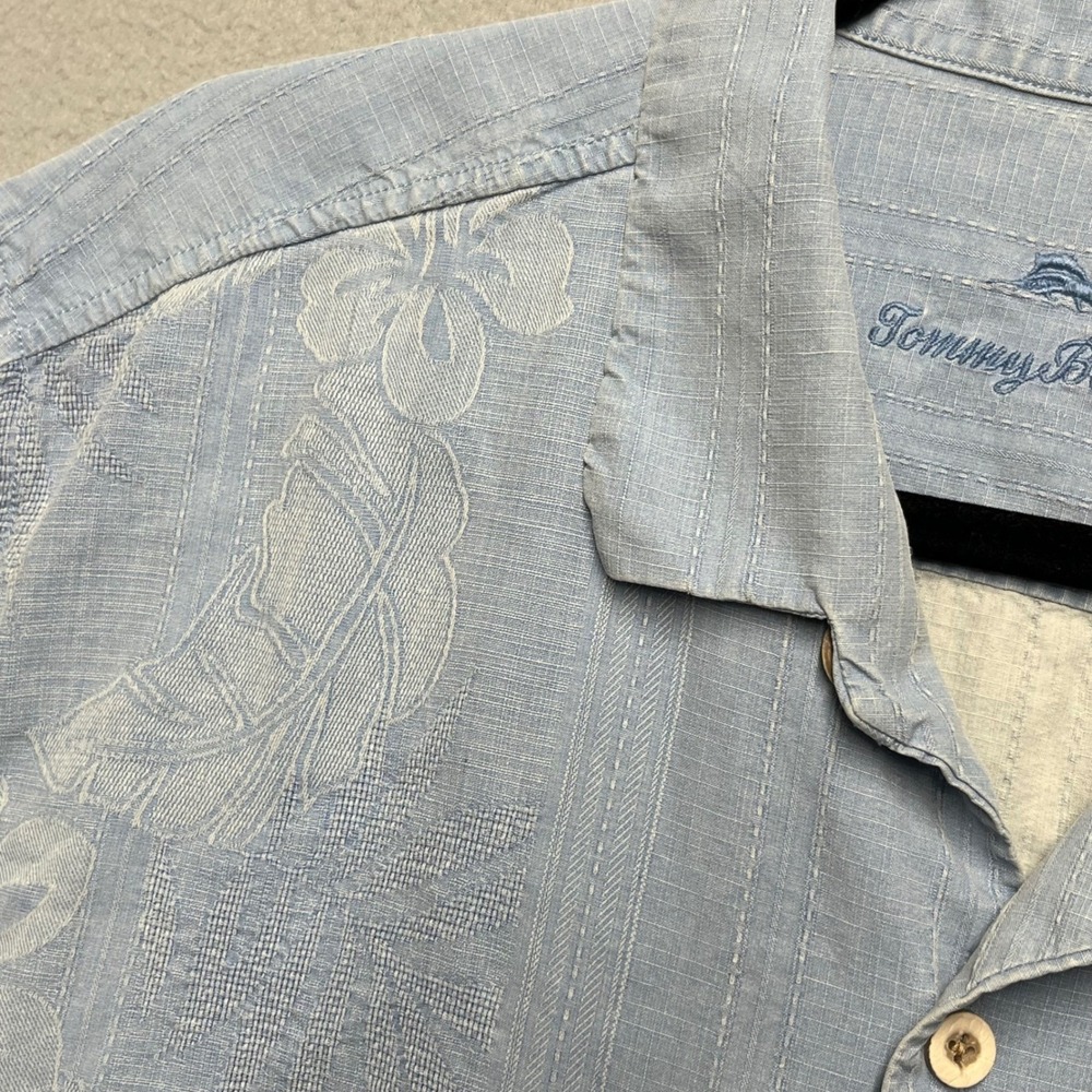 Tommy Bahama Mens XXL Light Blue 100% Silk Floral Jacquard Short Sleeve Shirt
